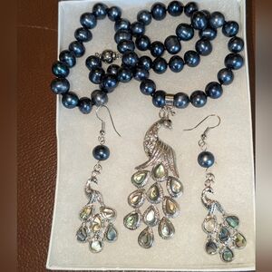Blue Pearl Necklace With Abolone Shell Peacock Set